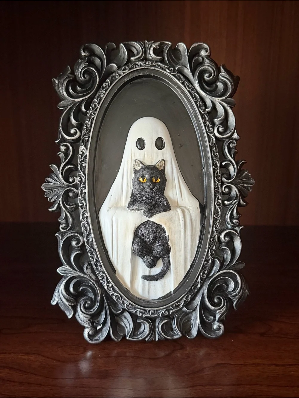 Halloween Ghost Holding Cat Oval Frame